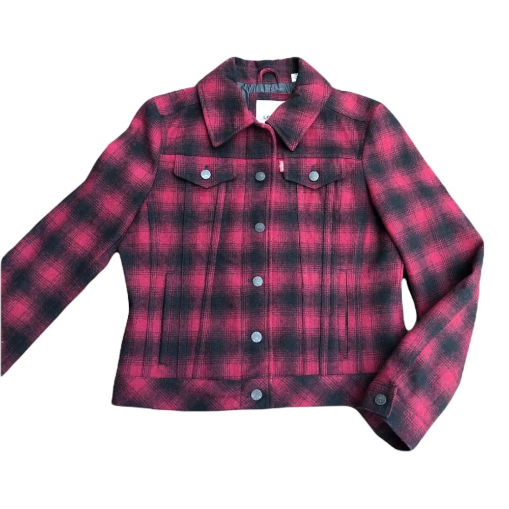 Levi's Women's Wool Blend Classic Trucker Jacket Red Black Plaid Medium